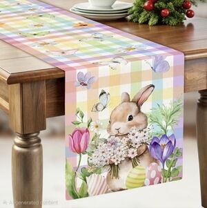 NWT Linen Butterfly Floral Buffalo Plaid Easter Pastel Table Runner 13" x 48"